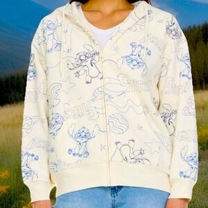 Disney Stitch Zip Up Hoodie Graphic Print Character Cream / Blue XL NWT